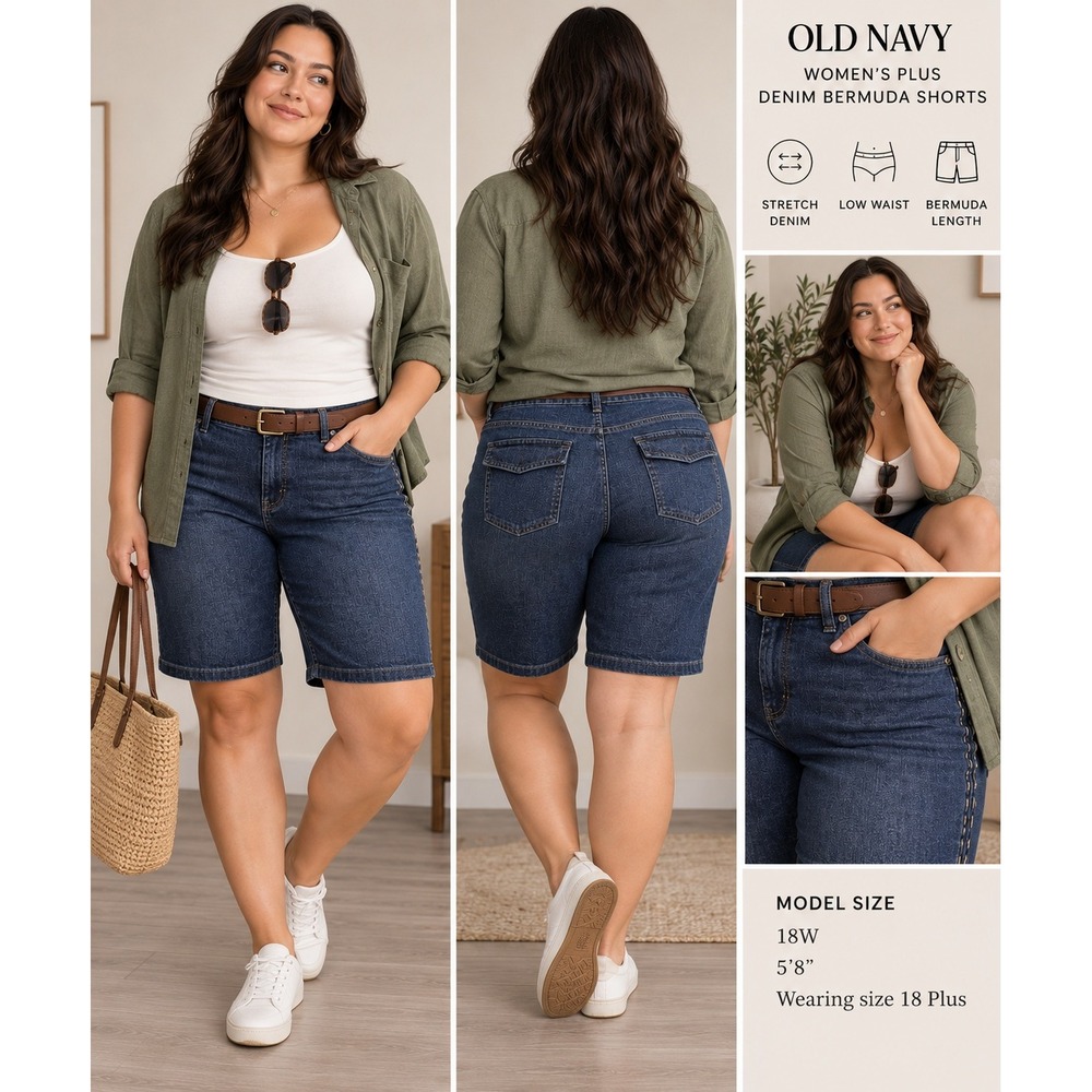 Old Navy Womens Plus 18 Low Waist Denim Bermuda Shorts Stretch Dark Wash Y2K